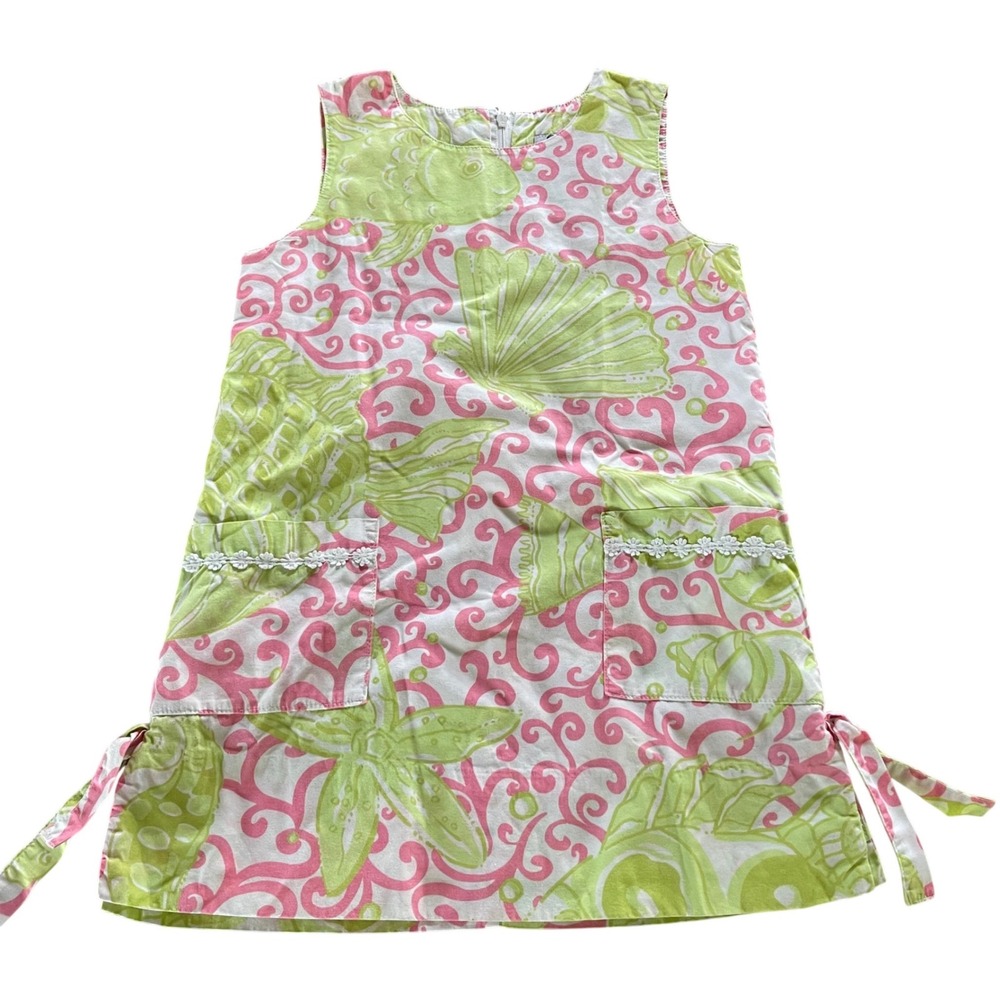Lilly‎ Pulitzer Shift Dress Girls 6 Pink Green Starfish Coastal Preppy Lace Trim